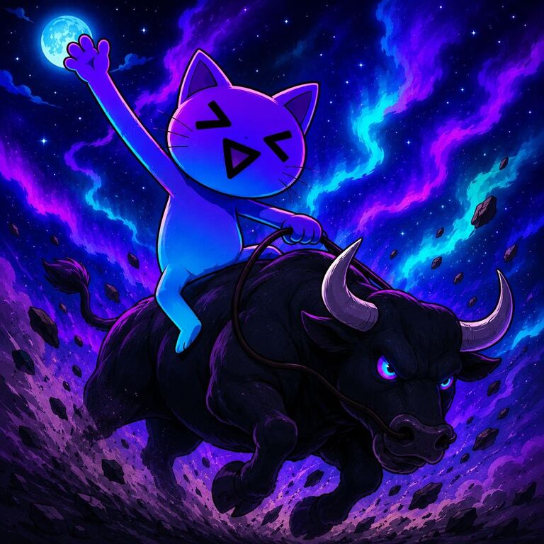Mona Cat riding a black bull across a purple nebula, reaching up for the moon