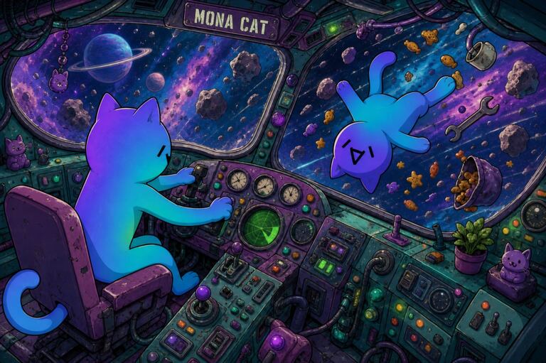 Mona Cats piloting a spaceship cockpit with a planet filling the window