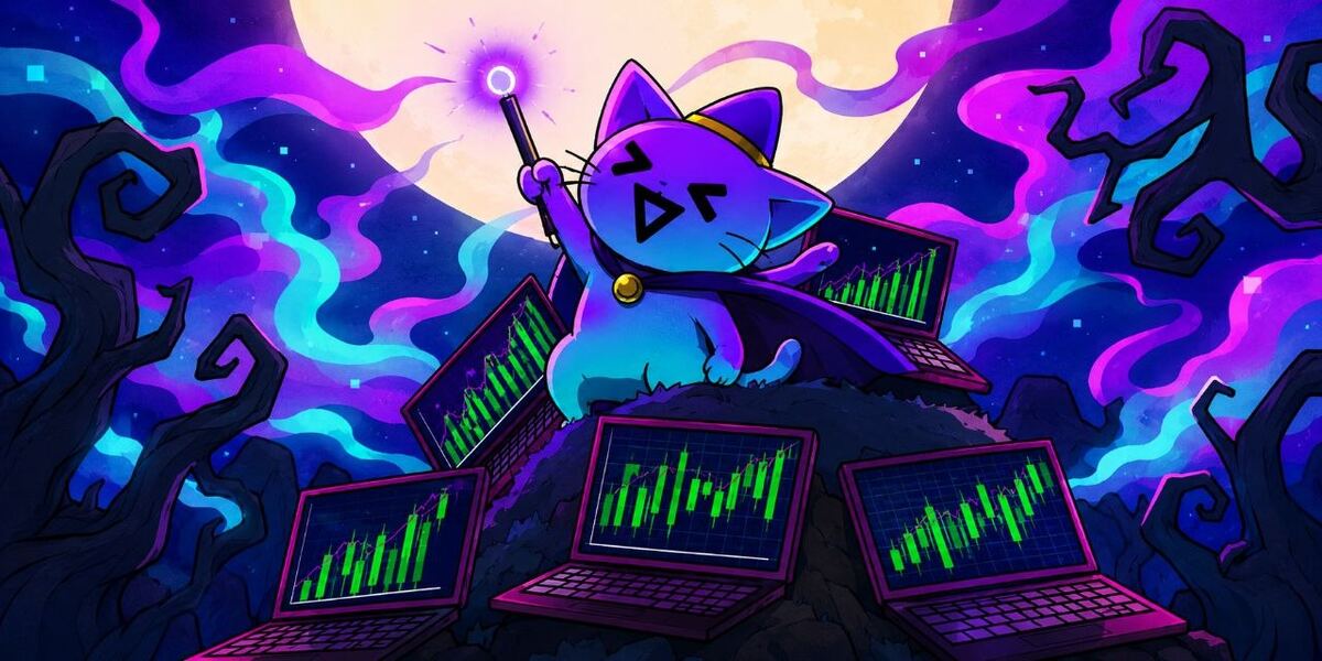 Mona Cat conducting four laptops of green candles with a wand under a full moon