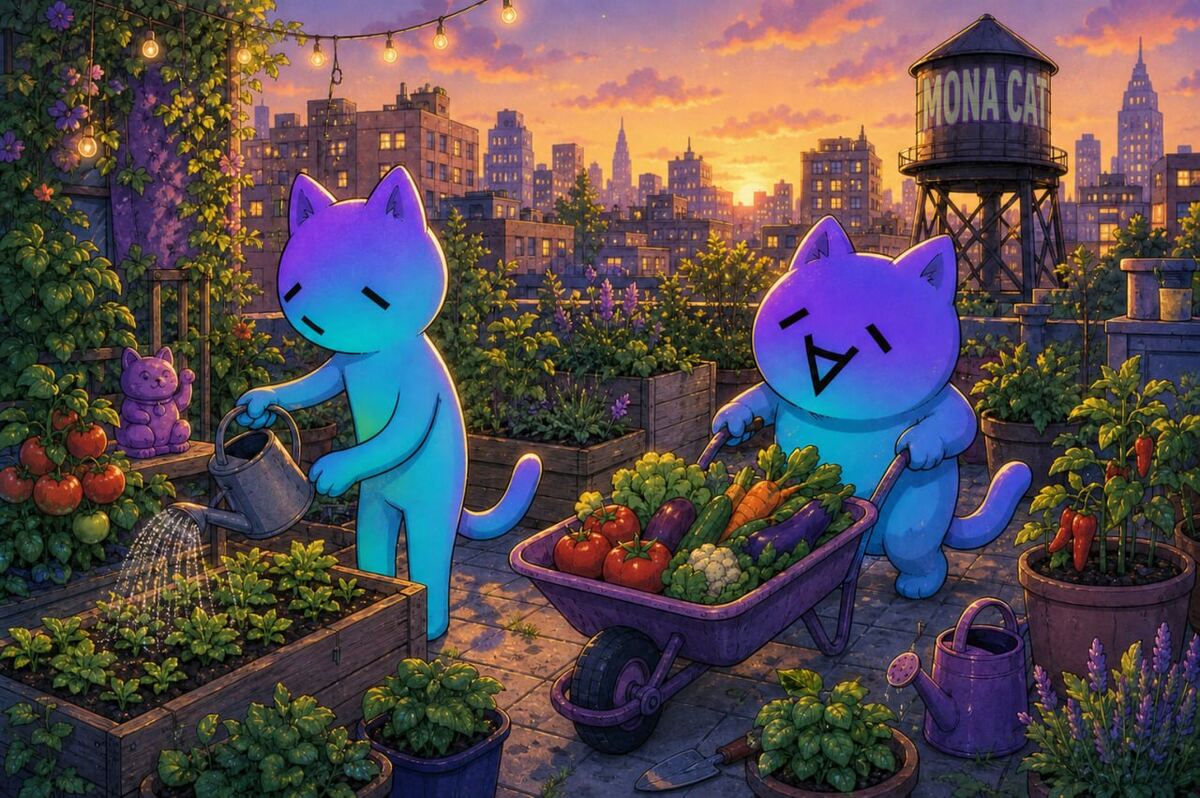 Two Mona Cats tending a rooftop vegetable garden above a city skyline at sunset