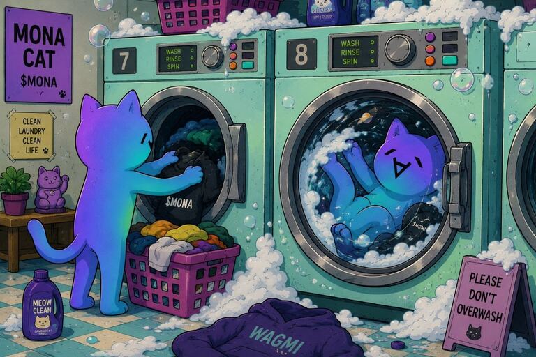 Mona Cat loading a $MONA hoodie into a laundromat washer while another cat spins inside the drum