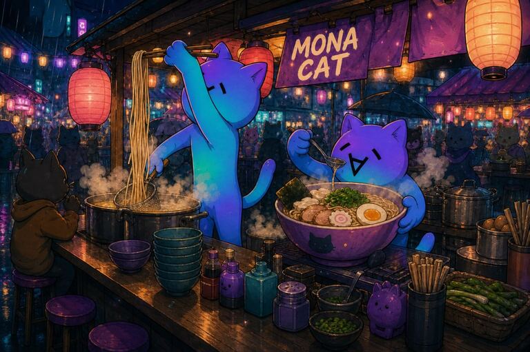 Mona Cat stretching over a steaming night-market noodle counter under paper lanterns