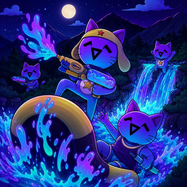 Mona Cats in a water-gun fight on a glowing river below a moonlit waterfall
